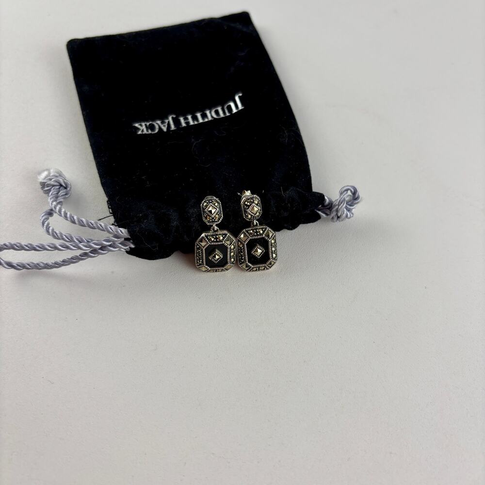 Judith Jack Marcasite Sterling Drop Dangle Earrings Black Art Deco Geometric
